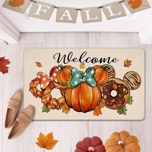 Welcome Pumpkin Decorative Front Door Mat, Autumn Wreath Doughnut