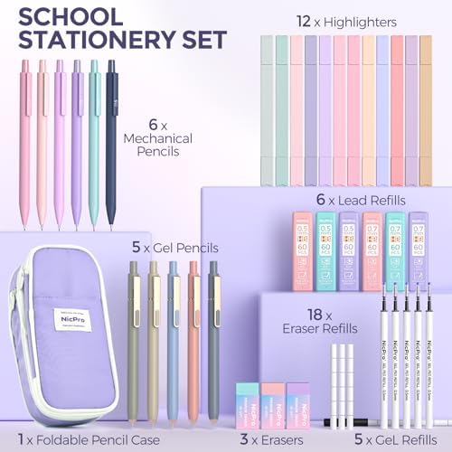 Nicpro School Supplies Stationary Set with Pencil Case, 39 PCS Purple | Back to Schoo Supplies, Pen Case with 12 Highlighter, 5 Gel Pen, 6 Mechanical Pencil, Essentials for College, Nursing Student