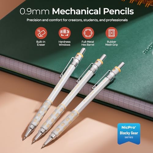 Nicpro Blocky Gear 0.9 mm Mechanical Pencils Set in Case, 3 Pack
