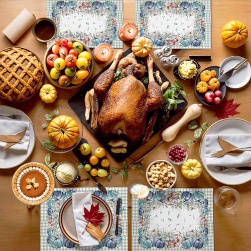 Fall Thanksgiving Placemats Set of 4, Navy Blue Pumpkins Green Eucalyptus Leaves Heat Resistant Washable Table Place Mats Sage Farmhouse Plaid Table Linens Decor for Home Kitchen Dining Outdoor Indoor