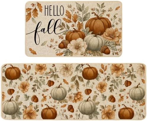Baccessor Fall Floral Pumpkin Kitchen Rugs Set of 2,Thanksgiving Day Autumn Acorn Farmhouse Mats Washable Non Slip Low-Profile Indoor Floor Holiday Hallway Laundry Sink Decor 17x29 and 17x47 Inch