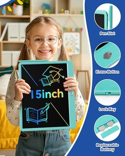 Bravokids 15 Inch LCD Writing Tablet for 3 Year Olds - Electronic Drawing Pad and Doodle Board as Educational Birthday Gifts for Girls and Boys (Blue)