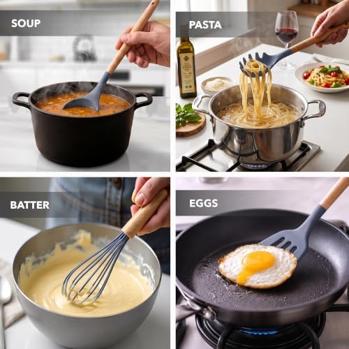 OVENTE Silicone Cooking Utensils Set, 17pcs, Heat Resistant, Grey SPS17G