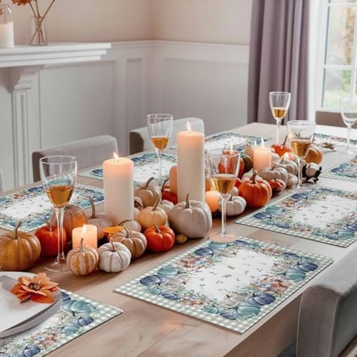 Fall Thanksgiving Placemats Set of 4, Navy Blue Pumpkins Green Eucalyptus Leaves Heat Resistant Washable Table Place Mats Sage Farmhouse Plaid Table Linens Decor for Home Kitchen Dining Outdoor Indoor