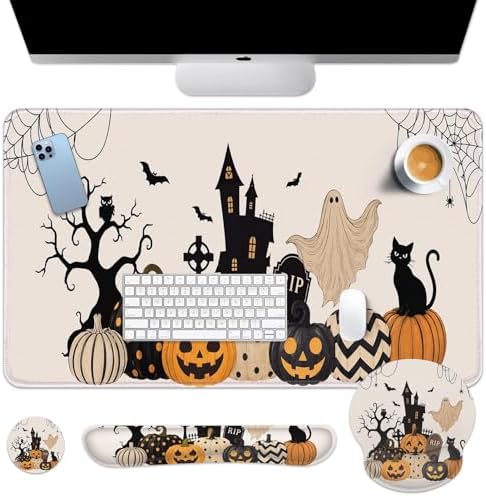 Britimes Keyboard Mouse Pad Set, 4 in 1 Desk Mat Set, Halloween Spooky Cat