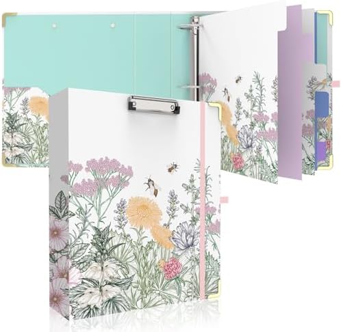 3 Ring Binder 2 Inch, Round Ring Binders with 6 Tab Dividers, 2 Interior Storage Pockets, Cute Low Profile Clipboard, Fashion School Office Supplies, Folders Organizer, Portfolio (Wild Flowers)