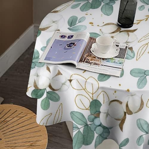 Cotton Flowers Tablecloth, Watercolor Summer Green Golden Eucalyptus Leaves Floral Print Table Cloth for Outdoor Picnic Home Dining Kitchen Table Decor, 60x60in