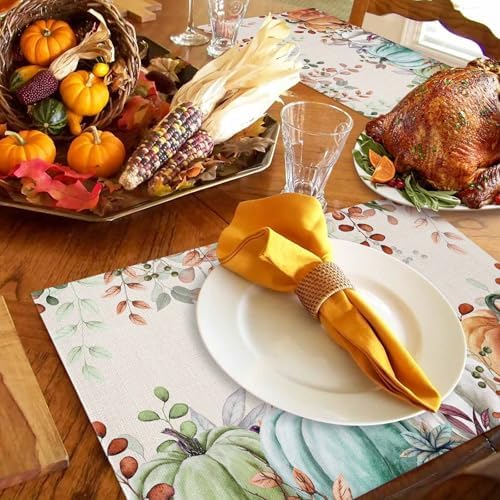 Fall Thanksgiving Placemats Set of 6, Autumn Pumpkins Eucalyptus Leaves Heat Resistant Washable Dining Table Mats Fall Holiday Farmhouse Decor for Kitchen&Linens Outdoor Indoor, Blue Sage Green Orange