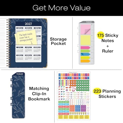 LARGE PRINT HARDCOVER 2026 Planner, 8.5"x11": 14 Months (November 2025 - December 2026), Daily Weekly Monthly Planner, Yearly Agenda, Bookmark, Pocket Folder and Sticky Note Set (Blueberry Vines)