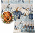 Fall Thanksgiving Placemats, Teal Blue White Pumpkin Heat Resistant Washable Dining Table Mats Fall Holiday Farmhouse Decor for Kitchen&Linens Outdoor Indoor, Harvest Autumn Leaves