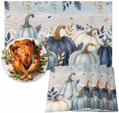 Fall Thanksgiving Placemats Set of 4, Teal Blue White Pumpkin Heat Resistant Washable Dining Table Mats Fall Holiday Farmhouse Decor for Kitchen&Linens Outdoor Indoor, Harvest Autumn Leaves