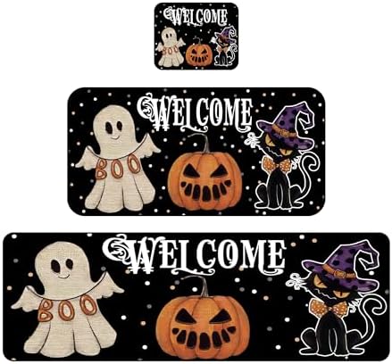 Kitchen Rugs Mat 2 PCS Christmas Halloween Kitchen Rugs Non Slip Washable with 1 PCS Mouse Pad Home Rug Sets Decorations, Ghost Black Cat