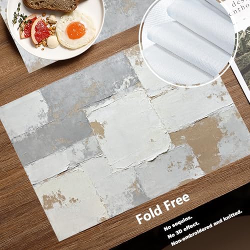 Batmerry Grey Abstract Art Linen Placemats Set of 8, Brown Painting Washable Table Mats for Kitchen Table Thickened Heat Insulation Dining Set Indoor Outdoor 12X18 in