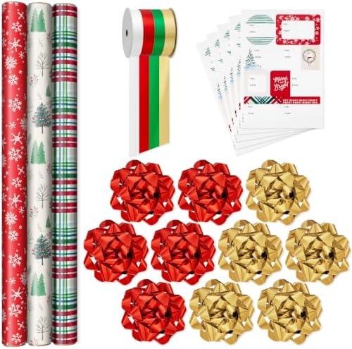 Hallmark Christmas Wrapping Paper with Ribbon, Bows, Seals (Red and Green)