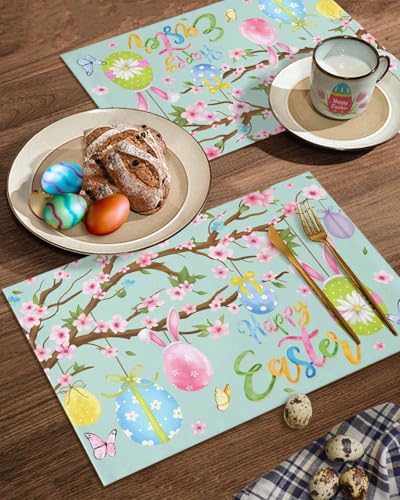 Happy Easter Placemats Set of 6, Spring Floral Bunny Rabbit Ear Eggs Heat Resistant Dining Table Mats Holiday Farmhouse Decor for Kitchen&Linens Outdoor Indoor, Pink Flower Branch Green Leaves