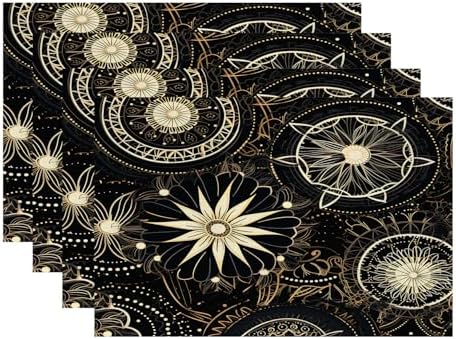 Batmerry Circular Patterns Floral Designs Linen Placemats Set of 4, Black Gold Decorative Patterns Washable Table Mats for Kitchen Table Thickened Heat Insulation Dining Set Indoor Outdoor 12X18 in