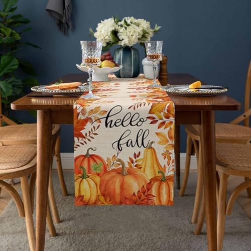 Fall Pumpkin Table Runner Dresser Scarf 13 x 120 Inch Harvest Orange Maple Leaves Table Runners Non-Slip Heat Resistant Kitchen Dining Table Decor for Autumn Thanksgiving Holidays Indoor Outdoor