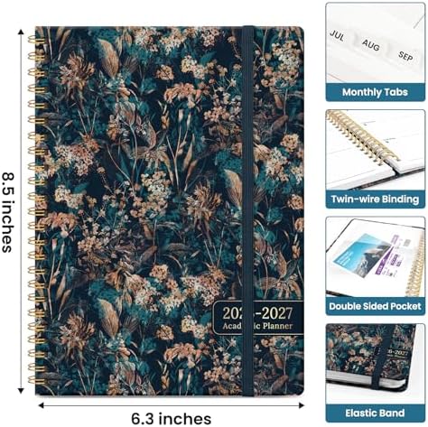 Planner 2026-2027, Jul 2026-Jun 2027 Academic Monthly & Weekly Planner | 6.3" x 8.5" Hardcover Pretty Calendar Planner for Women, Spiral Organizer for School Office Home Supplies, Royal Flowers