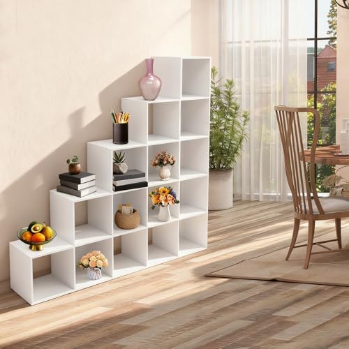 5-Tier Stepped Bookshelf, 15 Cube Storage Organizer, Freestanding Ladder Bookcase, L-Shaped Corner Shelf, Room Divider Shelf, 57.5" Tall Modern Display Shelf for Home Office Living Room
