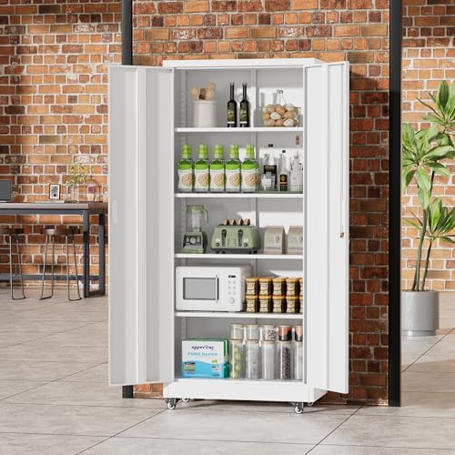 Greenvelly 73" Metal Storage Cabinet with Wheel, Lockable White Metal Garage Cabinets with 2 Doors and 4 Adjustable Shelves, Rolling Steel Tool Cabinet for Garage, Home Office, School