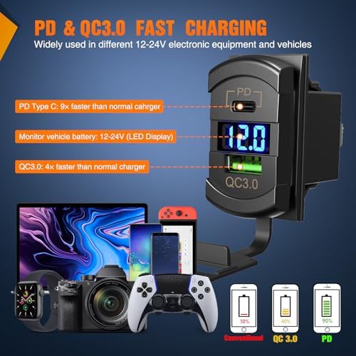 Nilight 6 Gang Rocker Switch Panel with PD Type C and USB Charger Voltmeter