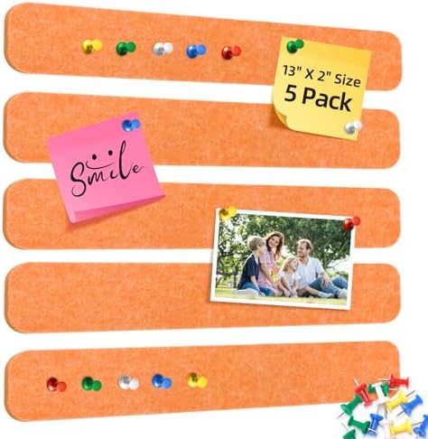 HAUTOCO Felt Bulletin Strips 5 Pack, 13" x 2" Self Adhesive Pin Board with 20 Push Pins, Peel and Stick Memo Board for Photos, Notes & Wall Decor, Dorm Room, Bedroom, Office, Sunset Yellow