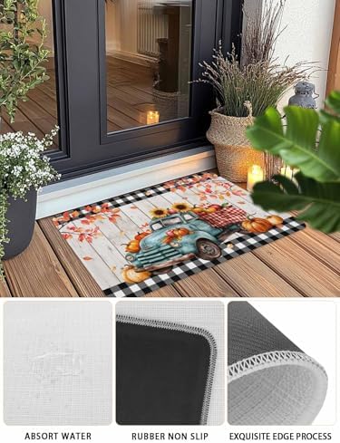 Fall Door Mat Harvest Pumpkin Teal Truck Doormat Sunflower Maple Leaves Wood Plaid Harvest Thanksgiving Welcome Mat Non Slip Entryway Front Rug Floor Mat for Indoor Outdoor Kitchen Autumn 16x24