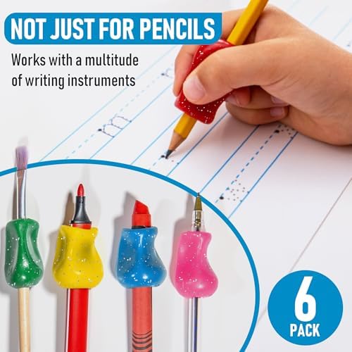 The Pencil Grip Glitter Pencil Grippers 6 Pcs, Pencil Grips for Kids Handwriting, Ergonomic Pen Grip for Righties & Lefties, Pencil Holder for Kids, Toddlers, Adults, Writing Tool with Finger Cushion