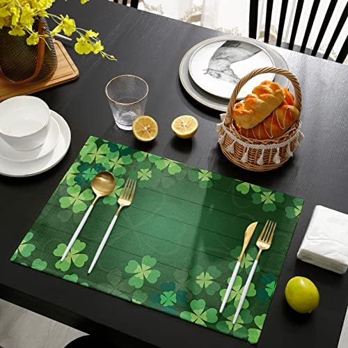St. Patrick's Day Lucky Clovers Placemats Set of 6, Rustic Vintage Farm Wood Cotton Linen Heat Resistant Table Mats Washable Spring Holidays Decorations for Kitchen Dining Table Green Spring Holiday
