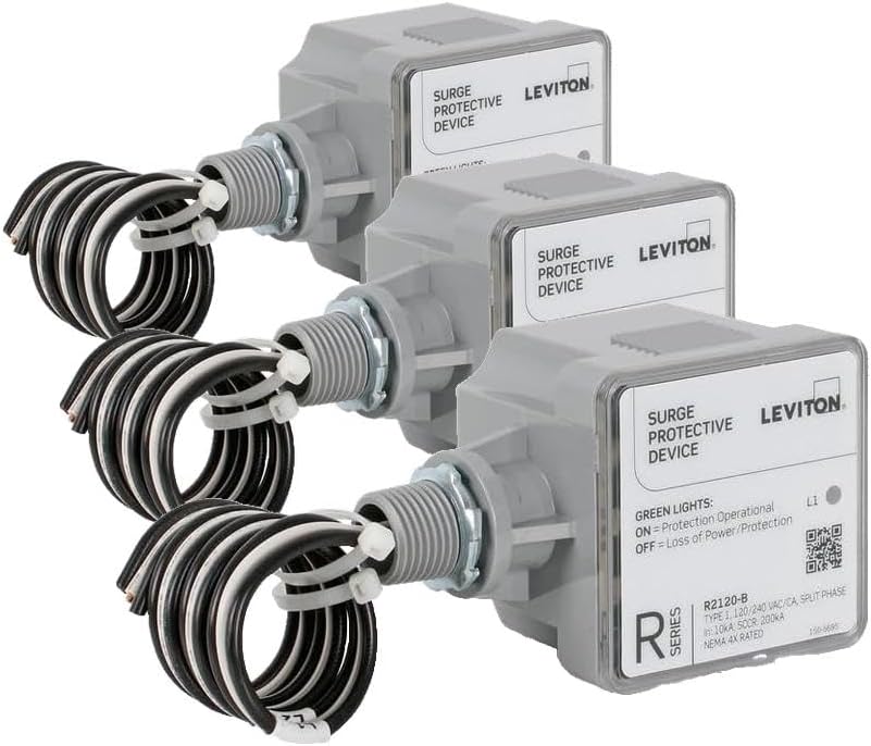 Leviton Type 1 Surge Protective Panel, Residential Home Surge Protection, 120/240 VAC, Split Phase, 36kA per Phase, R2120-B SPD (Pack of 3)