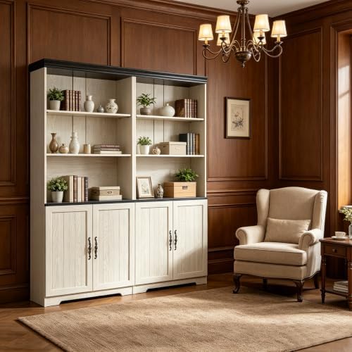 KEIKI Set of 2 Tall Storage Bookcases with Doors, White Display Cabinet 70.86 in freestanding Display Cabinet Combines Open Shelves and Closed Doors for Books, Wine, Decor and Office Supplies