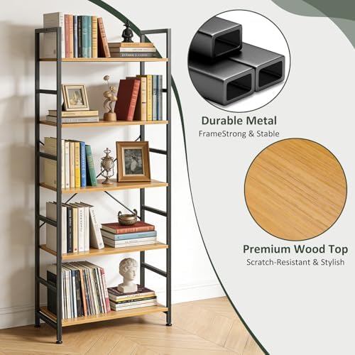 5 Tier Bookshelf, Free Standing Bookcase with Open Storage Shelves