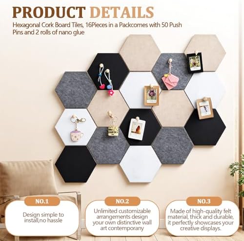 12x10 in 16 Pcs Hexagon Cork Board Tiles, Felt Pin Boards, Classic