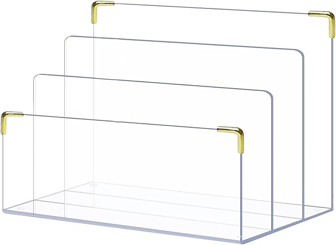 pbf Acrylic File Holder | Clear File Organizer for Desk w/ Gold Accents | Acrylic Desk Organizer, Folder Holder, Mail Sorter, File Stand, Magazine Divider, Laptop, Notebook, & Letter Organizer