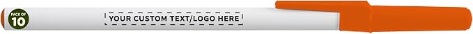DISCOUNT PROMOS Custom Value Stick Pens Set of 10, Personalized Bulk Pack - Blue Ink, Great for Office, School, Business, Tradeshows, Events - Orange Cap