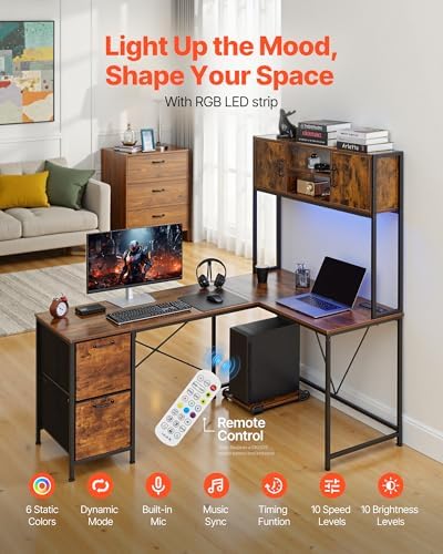 VEVOR L-Shaped Gaming Desk with LED Lights, 62.2-inch Reversible Corner Computer Desk with Power Outlets, Movable CPU Stand & Storage Drawers, Modern Stylish PC Gaming Table for Home Office