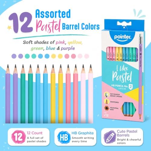 Pointer Pastel HB Pencils with Soft Eraser, Hexagonal Body, Pre-Sharpened, Assorted Colors, 12 Count