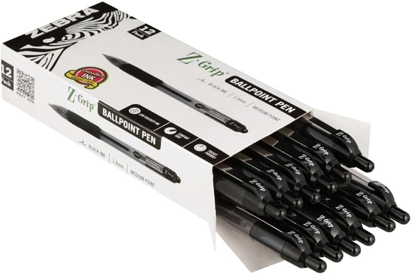 Zebra Pen Z-Grip Retractable Ballpoint Pen, Black Ink, 1.0mm, 12-Pack