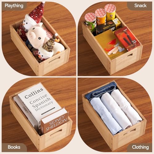 KIRIGEN Stackable Wood Storage Cube with Handles, Open Cubby Bin, Natural