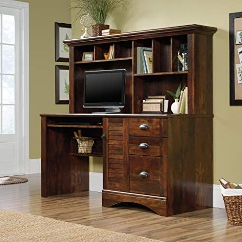 Sauder Harbor View Home Office Computer Desk with Hutch, Keyboard Tray, in Curado Cherry finish