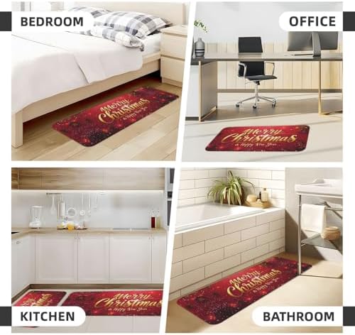 Christmas and New Year Kitchen Floor Mat 2 Pcs, Non Slip Rugs Absorbent Mats for Floor Countertop Office Home, Merry Indoor Outdoor Decor Doormat 17" x 29.5" + 17" x 47"