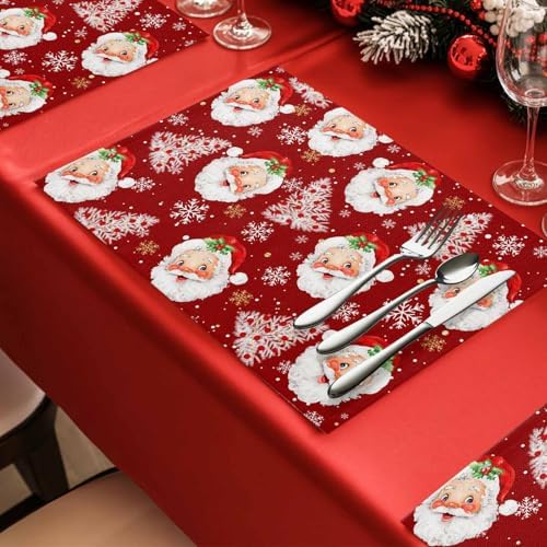Red Christmas Placemats Set of 6, Santa Claus Merry Christmas Tree Heat Resistant Washable Table Place Mats Winter Snowflake Cotton Table Linens Party Holiday Decor for Kitchen Dining Outdoor Indoor