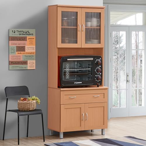HODEDAH IMPORT Tall Standing Kitchen Cabinet with Top and Bottom Enclosed Cabinet Space, 1-Drawer, Large Open Space for Microwave in Beech