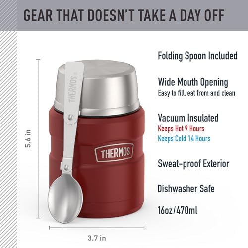 THERMOS Stainless King Food Jar with Spoon, 16oz, Matte Red