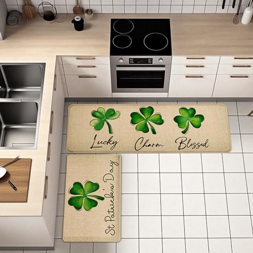 St Patricks Day Kitchen Rug Set of 2, Non-Slip Absorbent Door Mats Seasonal Lucky Green Shamrock Clover Decorative Kitchen Floor Mat 17x29 and 17x47 Inch DM127