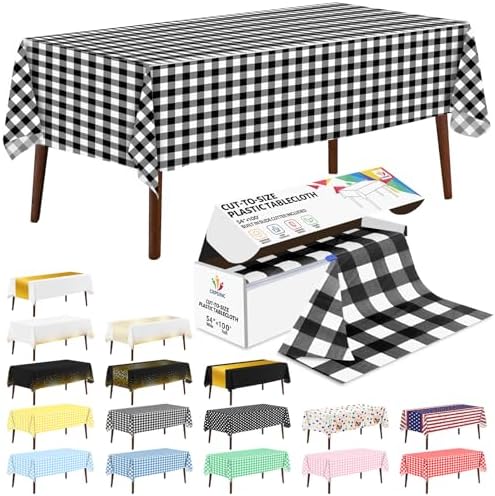 CXPSINC 54 Inch X 100 Feet Plastic Table Cover Roll Disposable Tablecloth with Slide Cutter for All Type/Shape Tables | Party, Banquet, Birthdays, Weddings(Black Checkered, 100 Feet)