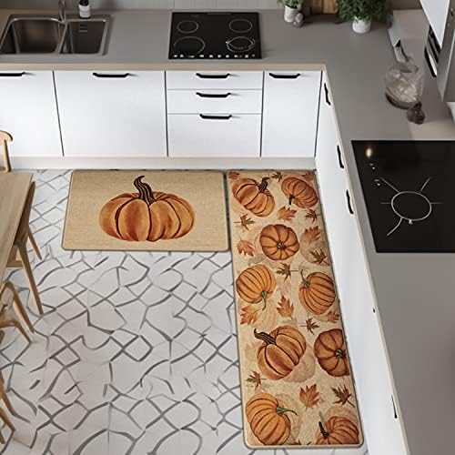 Fall Pumpkin Kitchen Mats Set of 2, Autumn Kitchen Rugs, Non-Slip Absorbent Door Mats, Seasonal Thanksgiving Home Decor Kitchen Floor Mat 17x29 and 17x47 Inch DM087