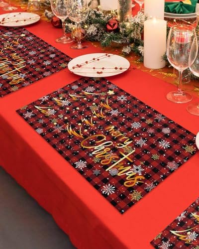 Merry Christmas Placemat 1PC, Gold Xmas Tree Heat Resistant Washable Table Place Mats Red Black Buffalo Plaid Pattern Cotton Table Linens Party Holiday Decor for Kitchen Dining Outdoor Indoor