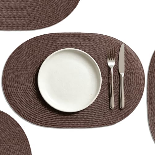 AHHFSMEI Placemats Set of 6 for Dining Table Washable Woven Non-Slip 18x12 inches Placemat Heat-Resistant Durable Table Mats for Dining Table Easy to Clean (Oval Brown, 6)