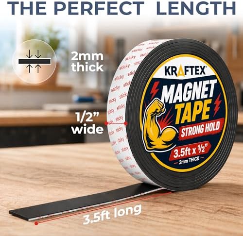 Kraftex Magnetic Tape: 3.5ft x 1/2" Magnetic Strips with Adhesive Backing. Sticky, Flat Magnets for Crafts, Magnet Labels & Stickers. Magnets with Adhesive Backing Great for Home, School and Office